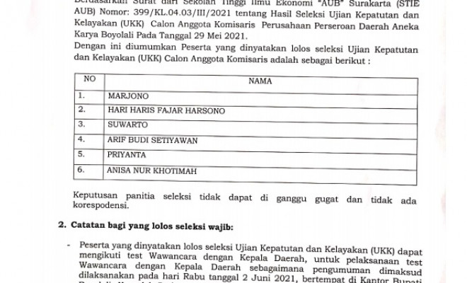 HASIL SELEKSI UJIAN  KEPATUTAN DAN KELAYAKAN  CALON ANGGOTA KOMISARIS PERUSAHAAN UMUM DAERAH AIR MINUM TIRTA AMPERA